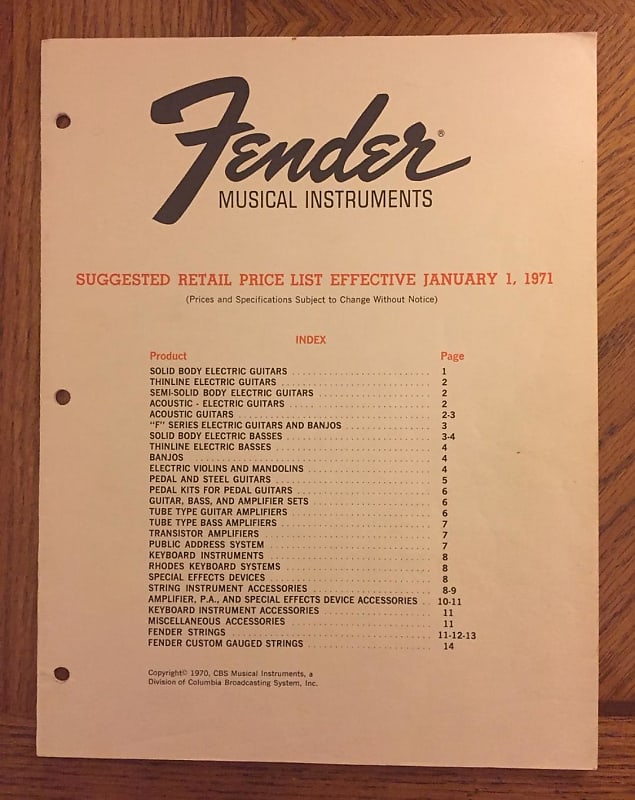 Original Vintage 1971 Fender Musical Instruments Price List Reverb