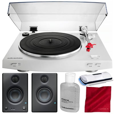 Audio-Technica Consumer AT-LP3 Stereo Turntable (White) with PreSonus Eris E3.5 Multimedia Reference Monitors (Pair) and Accessory Bundle image 1