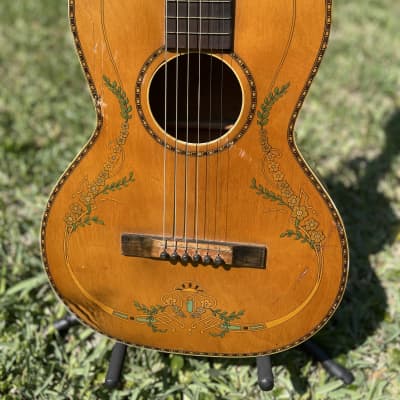 Vintage 1920s-1930s USA Stromberg Voisinet Acoustic Parlor Guitar Floral Art Deco Design V-Neck for sale