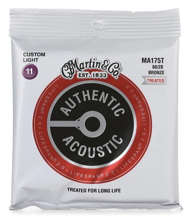 Martin MA175T Authentic Acoustic Lifespan 2.0 Treated 80/20 Bronze Guitar Strings - .011-.052 Custom Light