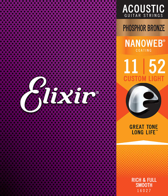 Elixir 16027 Nanoweb Phosphor Bronze Acoustic Guitar Strings 11-52 image 1