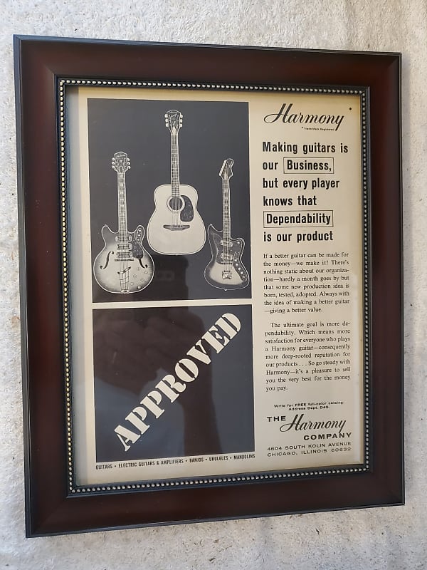 1965 Harmony Guitars Promotional Ad Framed Silhouette, H-74, Sovereign Flattop Original image 1
