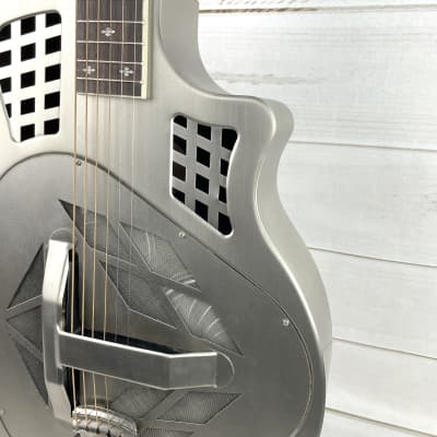 Royall Resonators Trifecta Relic Brushed Steel Finish 14 Fret Cutaway Brass Tricone Guitar With Resophonic Pickup image 4