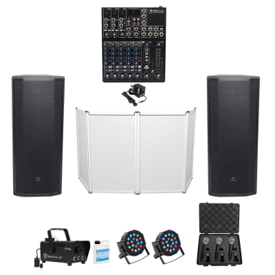 JBL DJ PACKAGE w/ (2) Dual 15” Speakers+Mackie Mixer+Facade+Mics+Fogger+Par Cans image 1
