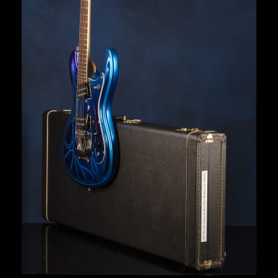 Mosrite [Vibramute Model] specially built for Mick Mars of Mötley Crüe by Semie Mosely 1991 Metallic blue/purple with flame pinstriping image 11