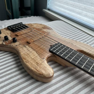 MG Bass MGBASS JB1 SPALTED MAPLE 5-string bass, Made in USA, SPALTED MAPLE top, ASH body, 3-piece MAPLE neck, EBONY fretboard, BARTOLINI pickups and preamp, Italia Leather Straps 4” wide Acorn Amber strap, GATOR hardshell case image 5