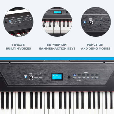 88 Key Digital Piano Keyboard with Hammer Action Weighted Keys, 2x20W Speakers, 12 Voices, Record and Lesson Mode, FX and Display image 2