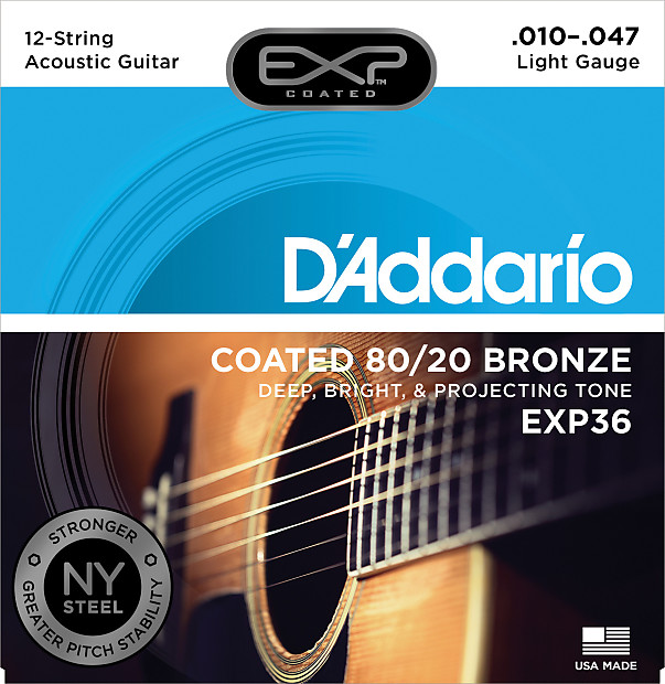 D'Addario EXP36 Coated 80/20 Bronze 12-String Acoustic Guitar Strings, Light, 10-47 image 1