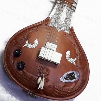 Acoustic Electric Indian Fusion Sitar + Guitar.  Lacquered Natural Cedar Color. Kissing Fish Motif image 1