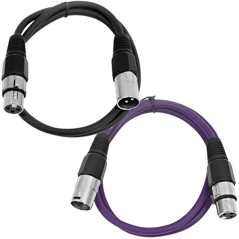 2 Pack of XLR Patch Cables 2 Foot Extension Cords Jumper - Black and Purple image 1
