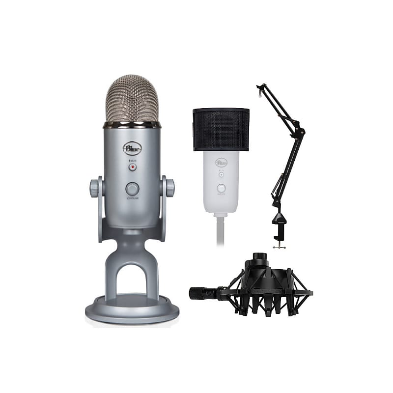 Blue Microphones Yeti Mic (Silver) Bundle with Boom Arm, Shock
