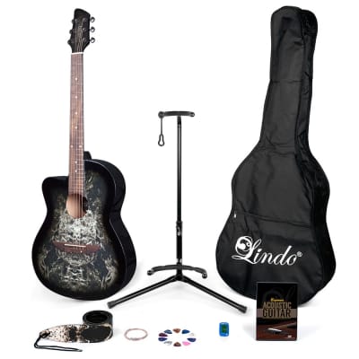 Lindo B-STOCK Left-Handed Alien Black Acoustic Guitar & Accessory Pack | Graphic Art Finish (Minor Cosmetic Imperfections) for sale