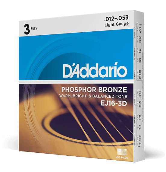 D'Addario EJ16-3D Phosphor Bronze Light Acoustic Guitar Strings 12-53 (3 Sets) image 1
