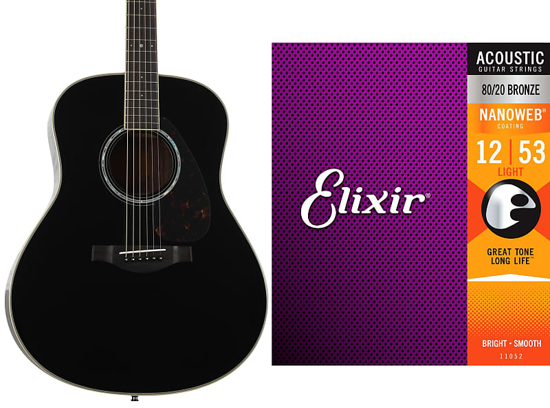 Yamaha LL6 ARE Original Jumbo Black Bundle with Elixir Strings 11052 Nanoweb 80 20 Acoustic Guitar Strings .012 .053 Light