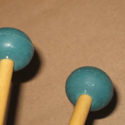 one pair new old stock A+ Mike Balter MB5B (5B) Medium Hard Keyboard Mallets - 1" diameter Oval Dark Green Rubber HEADS and Natural Birch HANDLES (for Marimba, Xylophone) mid to late 1990s (+ packaging) Unwound Series image 20