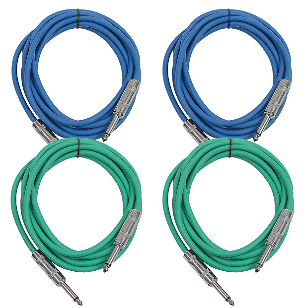 4 Pack of 10 Foot 1/4" TS Patch Cables 10' Extension Cords Jumper - Blue & Green image 1