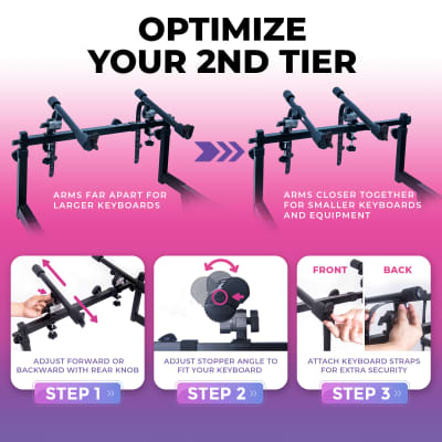 Liquid Stands Dual Piano Keyboard Stand with 2nd Tier Adjustable Arms - Z Style piano stand, Portable 2 Tier Heavy Duty Music Stand for Synth and Electric Digital Keyboards - Fits 54 61 88 Key Pianos image 4