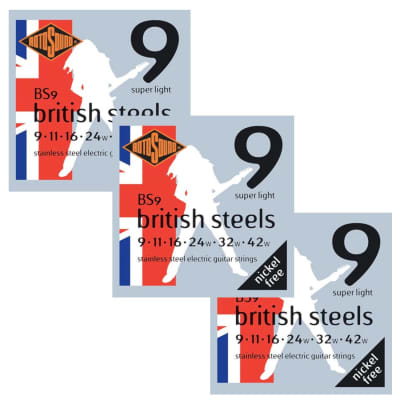 RotoSound Guitar Strings 3-Pack British Steels Stainless Steel Super Light 9-42 for sale