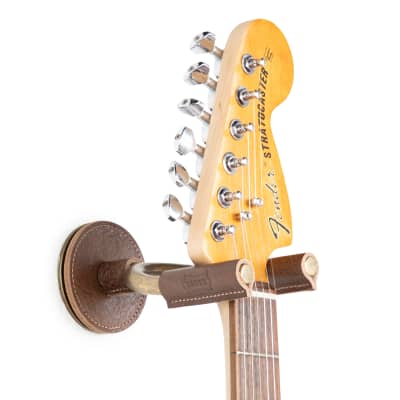 Levy's Leathers Forged Steel Guitar Hanger; Brass Metal with Brown Veg-Tan Leather Yoke Wraps image 1