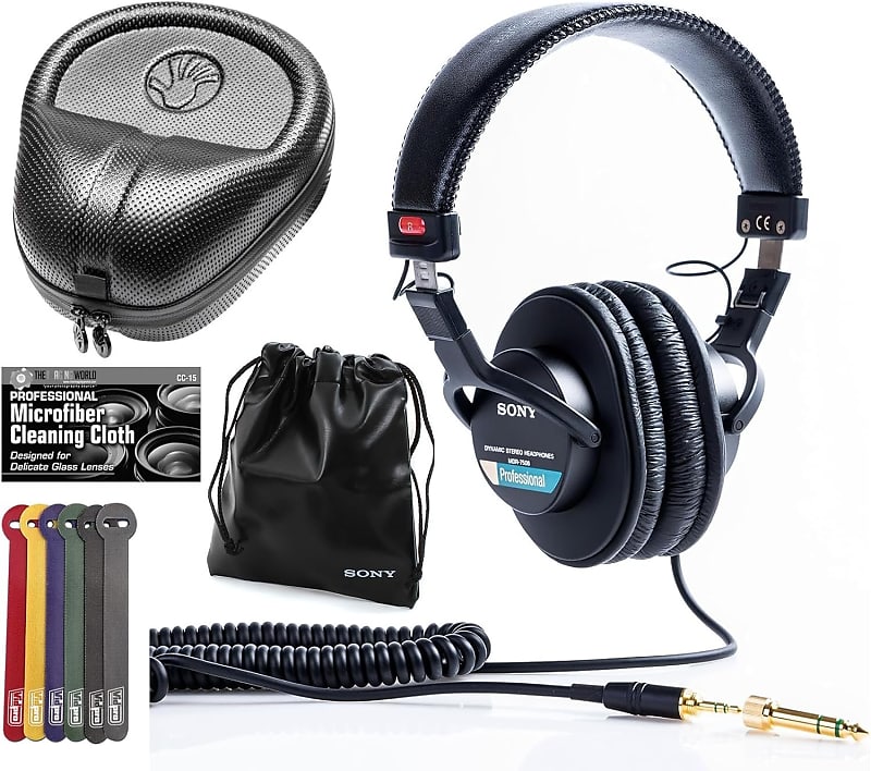 Sony MDR-7506 Professional Headphones with Slappa Hard Case, Cable Ties and Cloth Bundle  			
