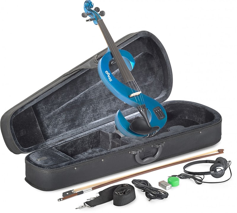 Stagg 4/4 electric violin set w/ S-shaped metallic red electric violin, soft case & headphones image 1