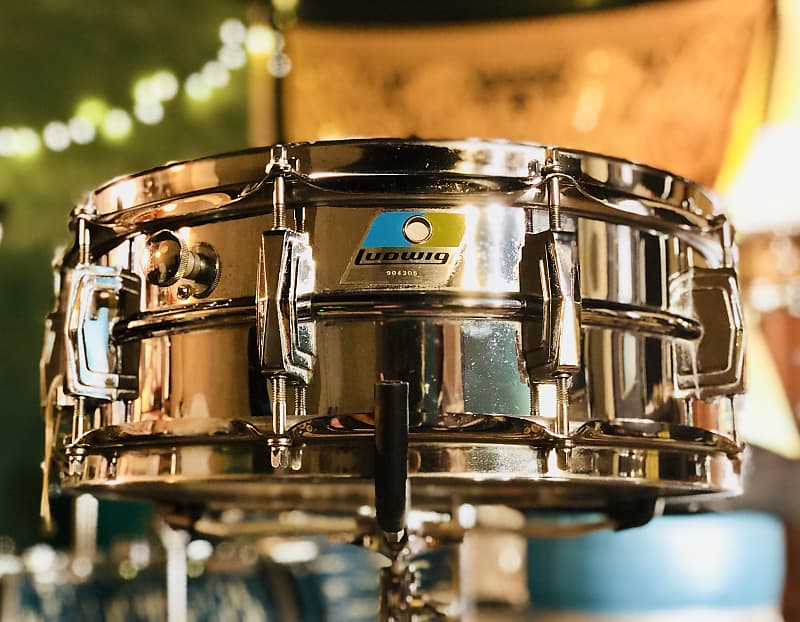 Ludwig No. 400 Supraphonic 5x14" Aluminum Snare Drum with Pointed Blue/Olive Badge 1969 - 1979 image 2