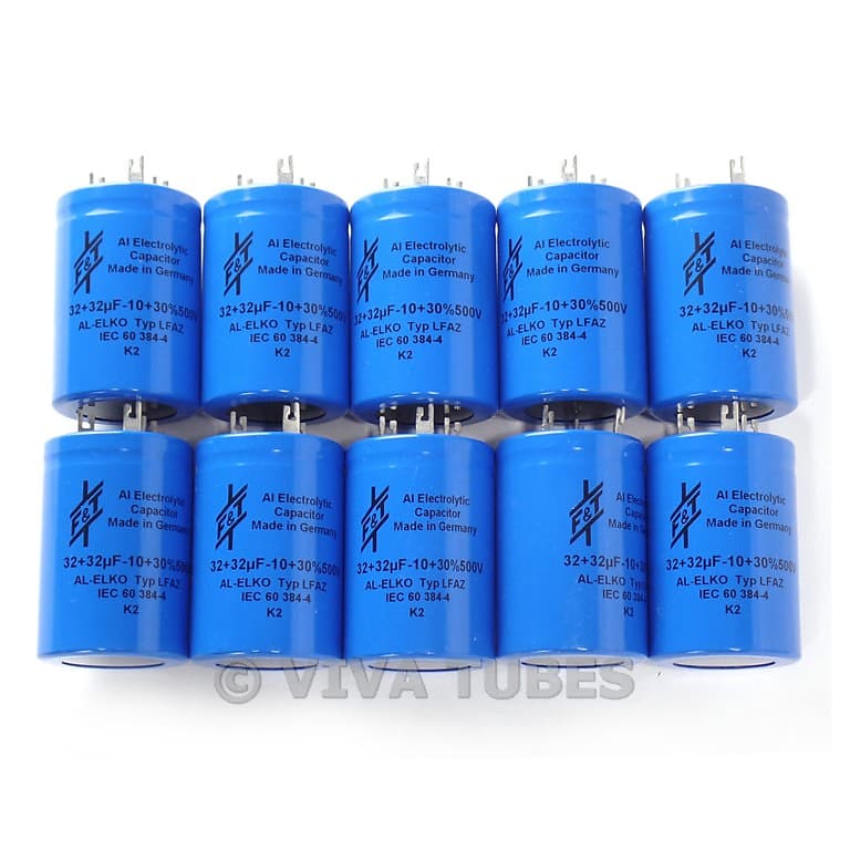 Lot of 10 F&T Dual Section Radial 32uF + 32 uF 500V Electrolytic Can Capacitors image 1
