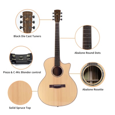 TARIO 41'' Electric Acoustic All Solid Guitar Solid Spruce Top Solid Ovangkol Back and Sides Mahogany Neck Undersaddle Piezo Pickup .High Gloss image 5