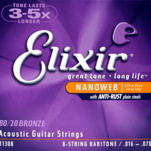Elixir 11308 Nanoweb Nickel Plated Steel Baritone 8-String Acoustic Guitar Strings (16-70)