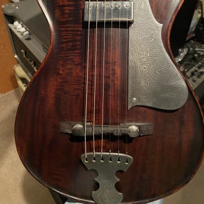 Scott Walker Katana Guitar!  As~New Elegant and simple solid body one piece old growth Curly Mahogany~Oiled, Damascus Steel Tailpiece and Pickguard, Johnny Smith pickup, Calton HSC, COA and more! image 3