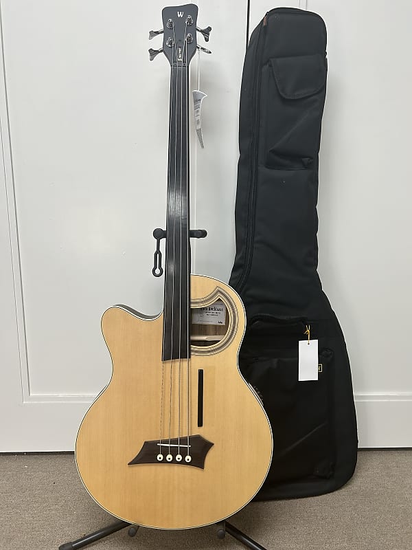 Warwick RockBass Alien Deluxe Hybrid Thinline 4 String Left Handed Fretless Acoustic Electric Bass - Natural image 1