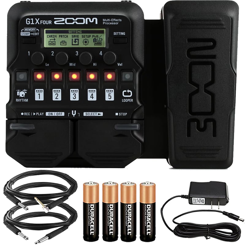 Zoom G1X Four Guitar Multi-Effects Processor With Built-In Expression Pedal + Pig Hog 10ft 1/4" TRS - 1/4" TRS Cable + Pig Hog Tour Grade 10ft Instrument Cable 1/4 Inch to 1/4 Inch Right Angle to Straight Connectors - PH10R + Pig Hog PP9V Pig Power 9V DC image 1