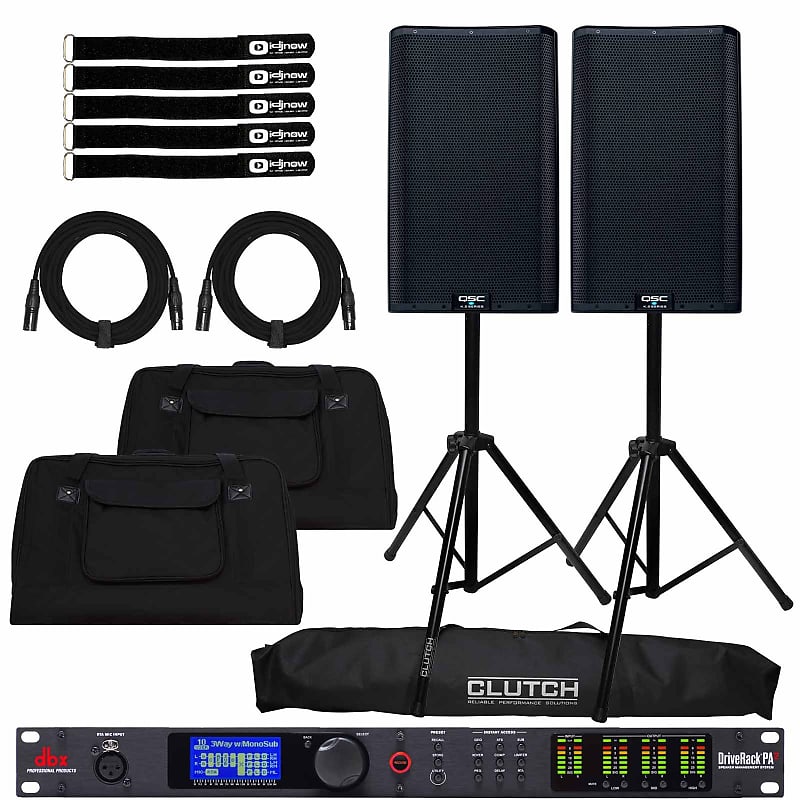 QSC K12.2 12" Powered DJ PA Speakers Pair w DBX Driverack System & Stands image 1