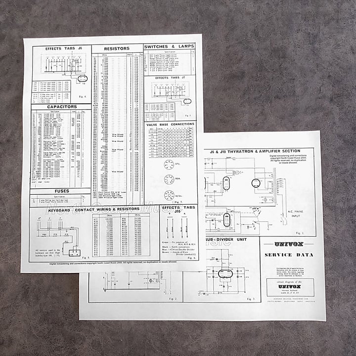 Schematic Diagram Package  and Parts List for JMI Univox J6, J7 and J10 Keyboards image 1