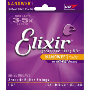 Elixir 11077 Nanoweb 80/20 Bronze Acoustic Guitar Strings - Light Medium (12-56)
