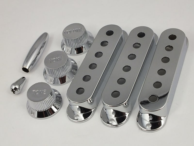 Stratocaster Silver Pickup Covers 52mm Knobs 24 spline & Tips Reverb