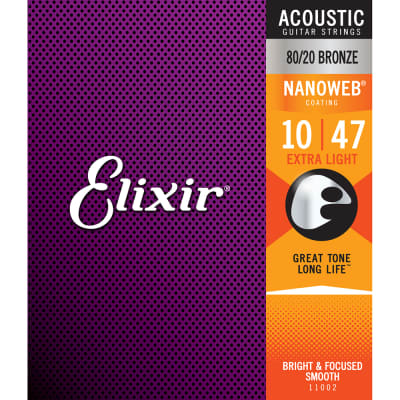 Elixir 11002 Nanoweb 80/20 Bronze Extra Light Acoustic Guitar Strings (10-47) image 2