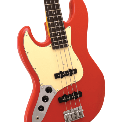 CNZ Audio JB Mini Left Handed Electric Bass Guitar - Maple Neck, Ivory Pickguard, Fiesta Red image 3