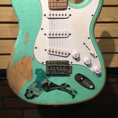 Indiana Indy S-Style Relic Electric Guitar Surf Green with Pinup Sticker image 2