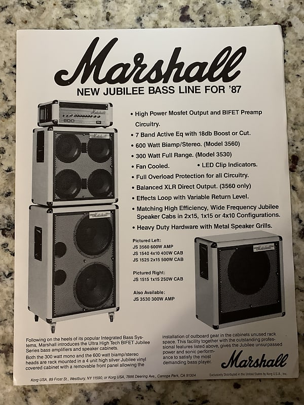 Marshall Bass Jubilee Flyer Brochure 1987 JS 3560 1540 1525 3550 1515  Reverb