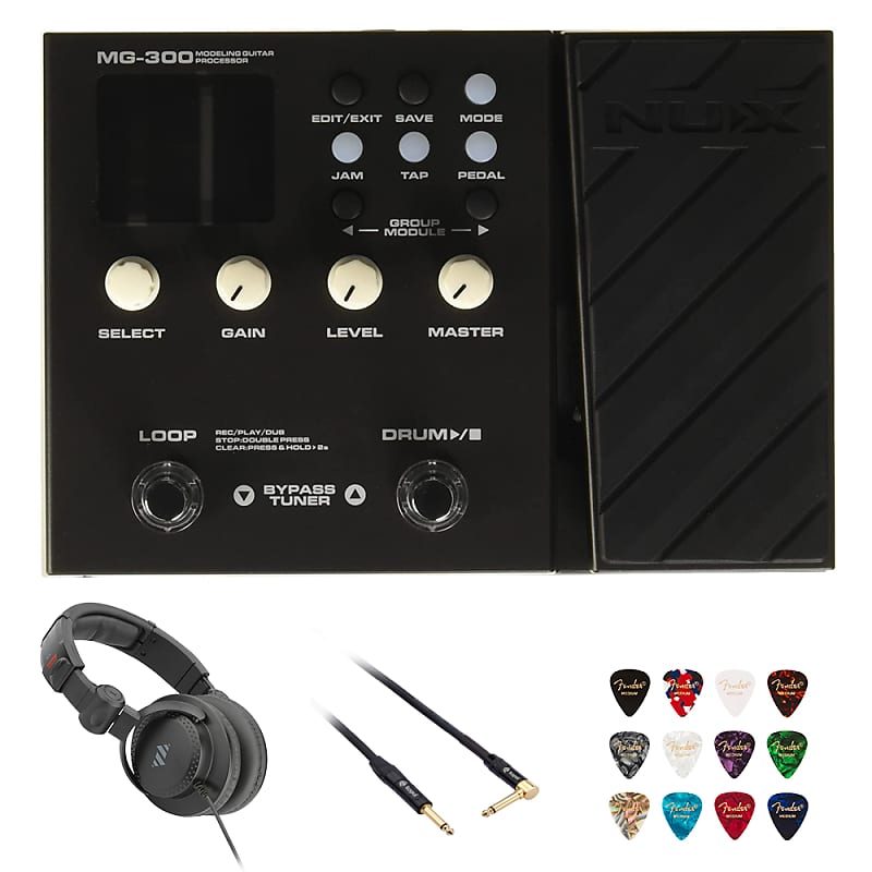 NUX MG-300 Multi Effects Pedal TSAC-HD Pre-Effects Bundle with Polsen  HPC-A30-MK2 Studio Monitor Headphones, Kopul 10' Instrument Cable, and  Fender 