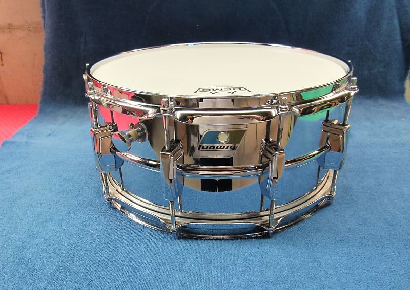 Ludwig No. 402 "B Stamp" Supraphonic 6.5x14" Chrome Over Brass Snare Drum with Pointed Blue/Olive Badge 1979 image 1