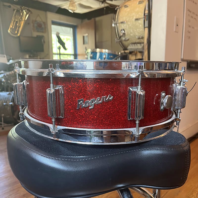 Rogers PowerTone 5x14 8 Lug Wood Snare Drum 1964 Red Sparkle Reverb