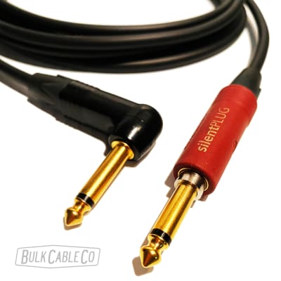 15 FT - Mogami 2524 Silent Guitar Cable - Neutrik "No Pop" Straight Connector To Neutrik Right Angle Gold Right Plug - NP2X-AU-SILENT To NP2RX-B Ends