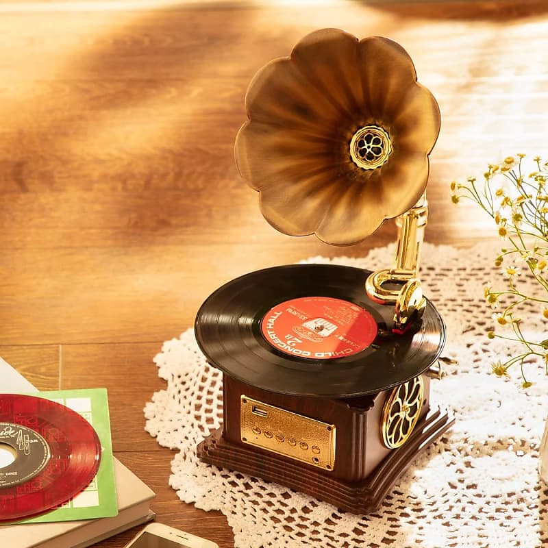 Vintage Wooden Record Player – Bluetooth, USB, AUX, FM Radio, Copper Horn Speakers (Walnut)  			