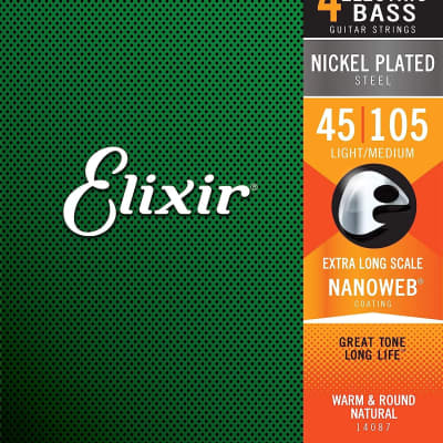 Elixir Strings Nickel Plated Steel 4-String Bass Strings w NANOWEB Coating, Extra Long Scale, Light/Medium (.045-.105) image 1