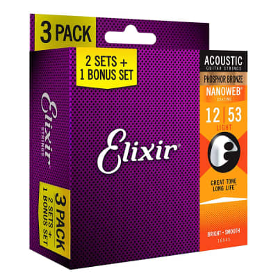 Elixir Limited Edition 3-Pack Phosphor Bronze NANOWEB Acoustic Guitar Strings, Light 12-53 image 2