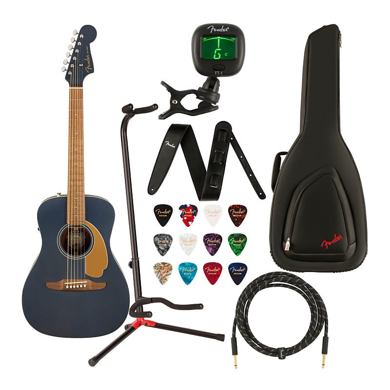 Fender Malibu Player 6-String Acoustic Guitar (Walnut Fingerboard, Midnight  Satin) Bundle with Gig Bag, Leather Strap, Cable, Stand, Tuner, Strings,