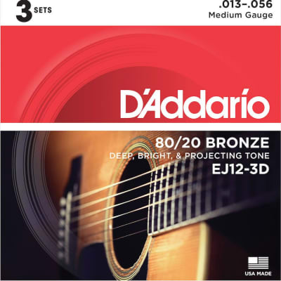 D'Addario EJ12-3D 80/12 Bronze Acoustic Guitar Strings, Medium, 13-56, 3 Sets image 1