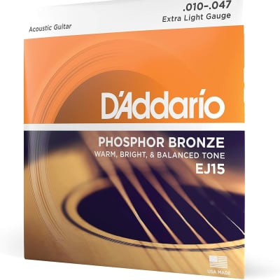 D'Addario Guitar Strings - Phosphor Bronze Acoustic Guitar Strings - EJ15 - Rich, Full Tonal Spectrum - For 6 String Guitars - 10-47 Extra Light image 1